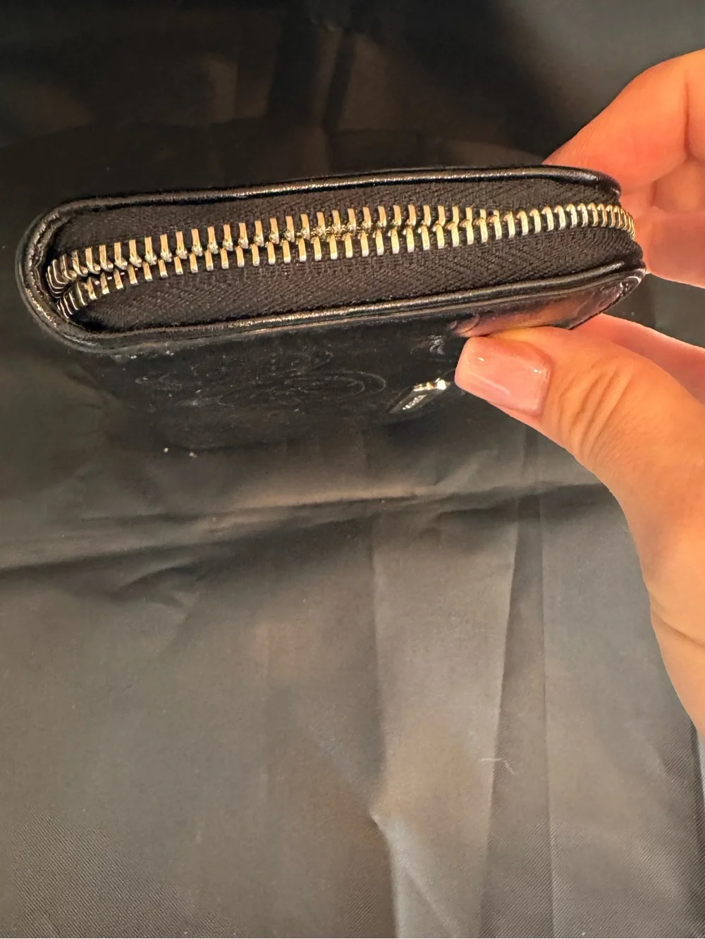 Michael Kors Black Embossed Logo Zip Wallet with Gold Accent
